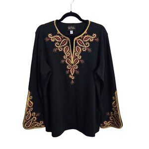 Bob Mackie Vintage Art To Wear Black Embroidered V Neck Tunic Top Size XL